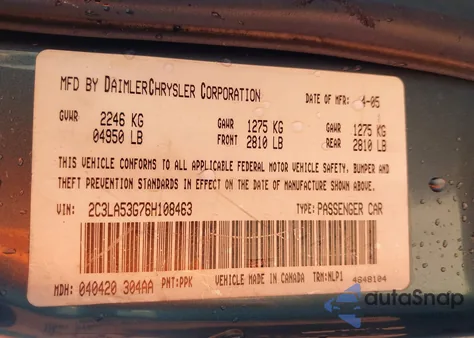 2006 Chrysler 300 Touring z USA, uszkodzony, nr VIN 2C3LA53G76H108463